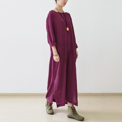 Burgundy long sleeve linen dresses fall winter linen clothing
