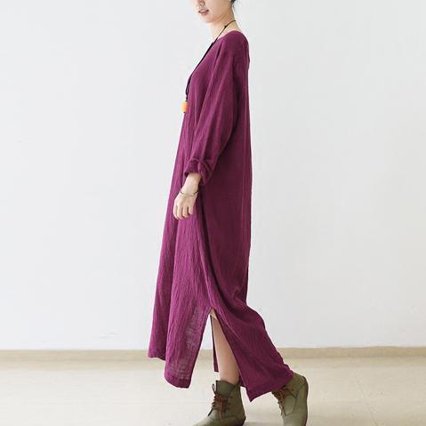 Burgundy long sleeve linen dresses fall winter linen clothing