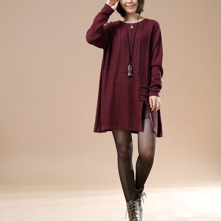 Burgundy new sweaters open hem cable knit dresses winter