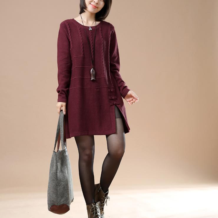 Burgundy new sweaters open hem cable knit dresses winter