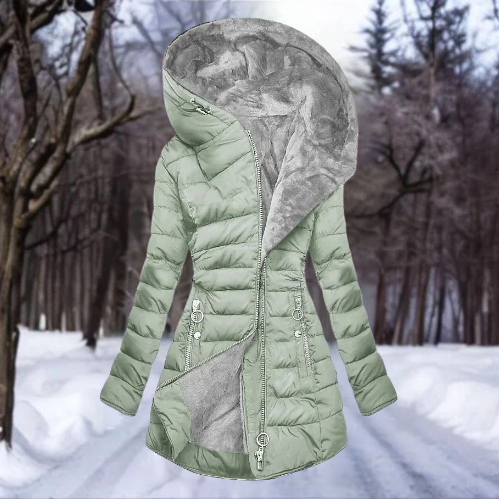 Hooded Fleece-Lined Asymmetric Zip Quilted Puffer Coat