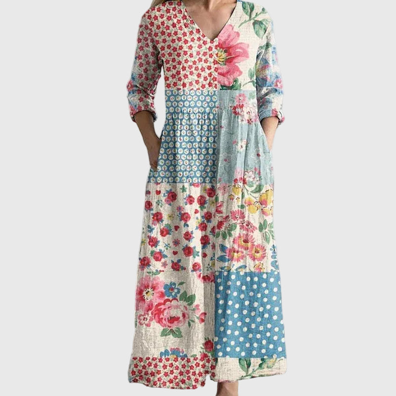V-Neck Long Sleeve Floral Patchwork Print A-Line Maxi Dress