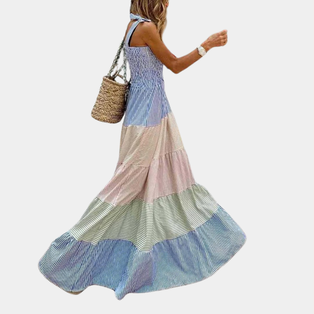 Smocked Square Neck Tie Shoulder Vertical Stripe Tiered Midi Dress 4