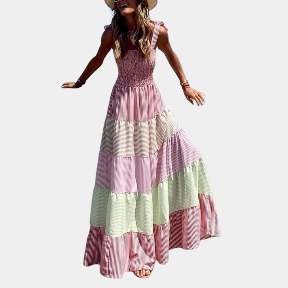 Smocked Square Neck Tie Shoulder Vertical Stripe Tiered Midi Dress 3