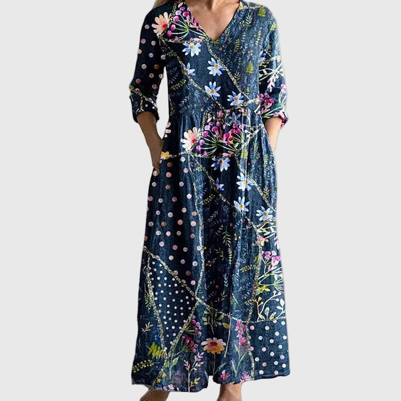 V-Neck Floral Patchwork Print Long Sleeve Flowy Maxi Dress