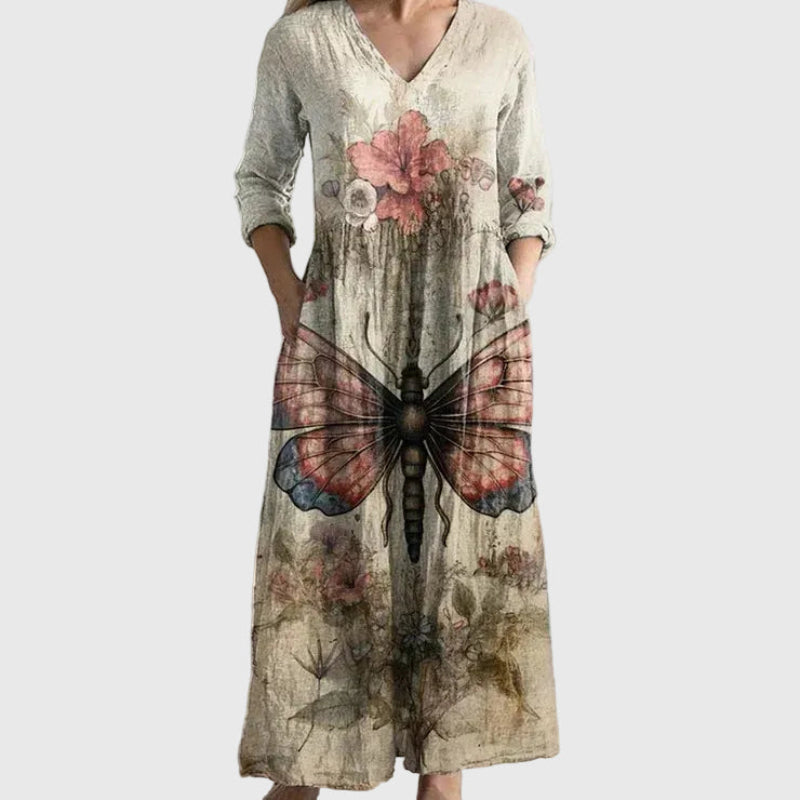V-Neck Floral Patchwork Print Long Sleeve Flowy Maxi Dress
