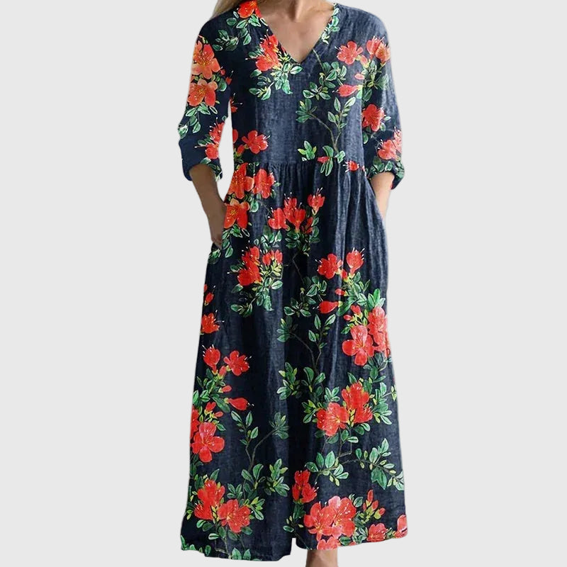 V-Neck Long Sleeve Floral Patchwork Print A-Line Maxi Dress