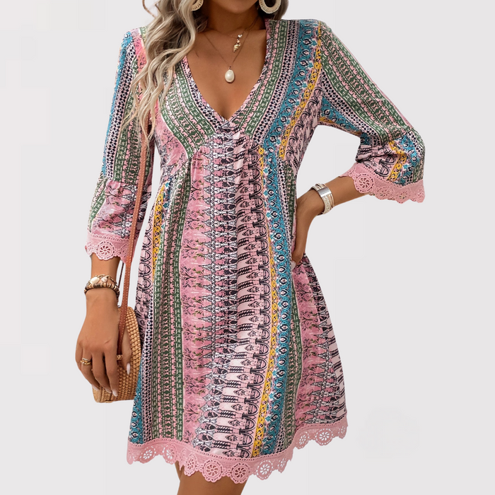 V-Neck Bohemian Print Lace Trim Lantern Sleeve A-Line Mini Dress