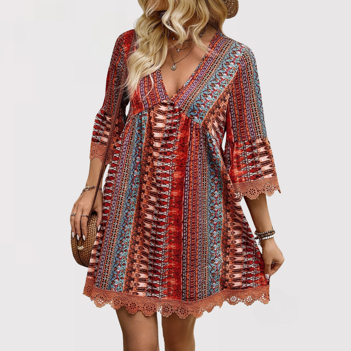 V-Neck Bohemian Print Lace Trim Lantern Sleeve A-Line Mini Dress