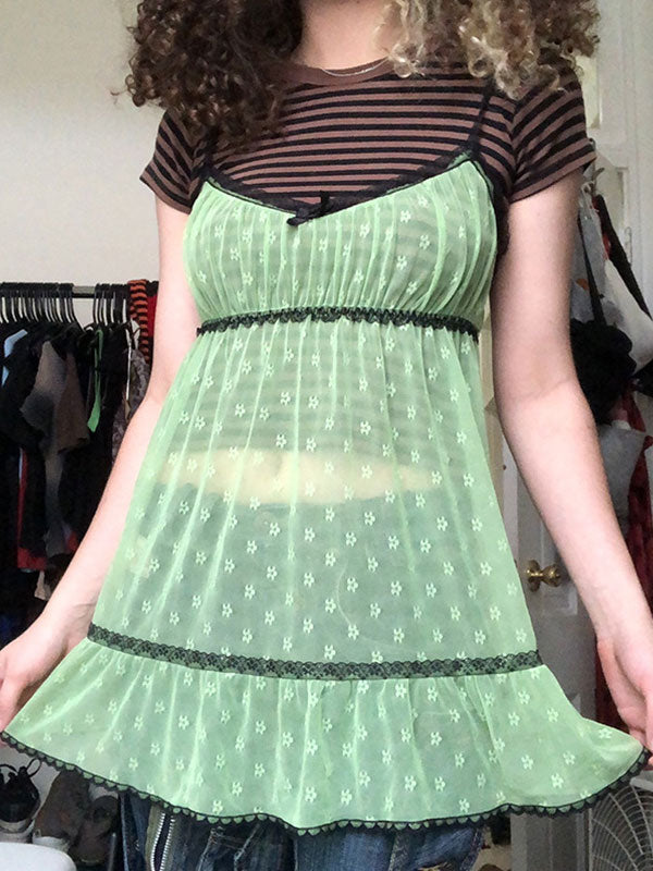 Lace Trim Graceful Floral Mini Dress Green / S Dresses
