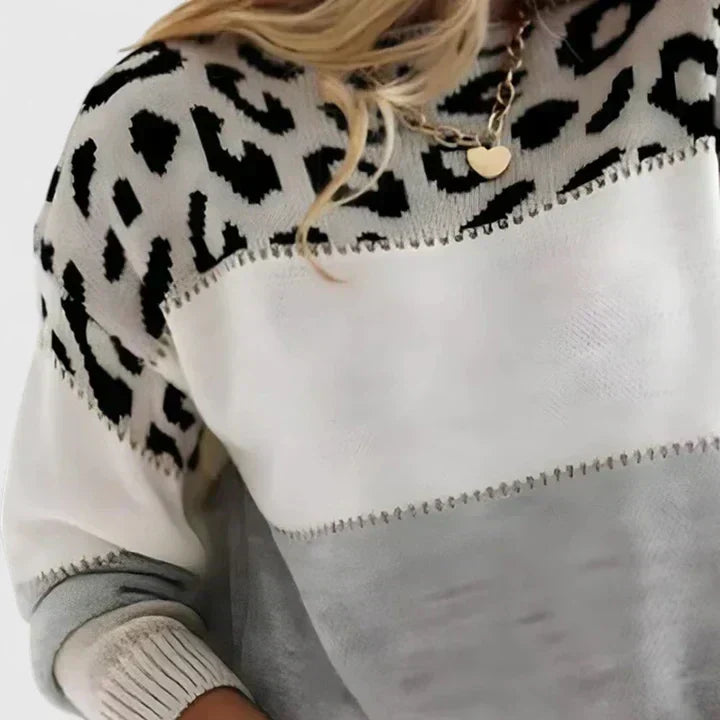 Round Neck Leopard Color Block Knit Long Sleeve Sweater 6