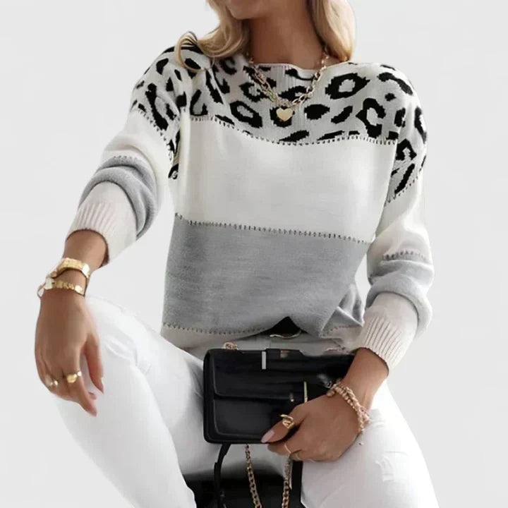 Round Neck Leopard Color Block Knit Long Sleeve Sweater 7