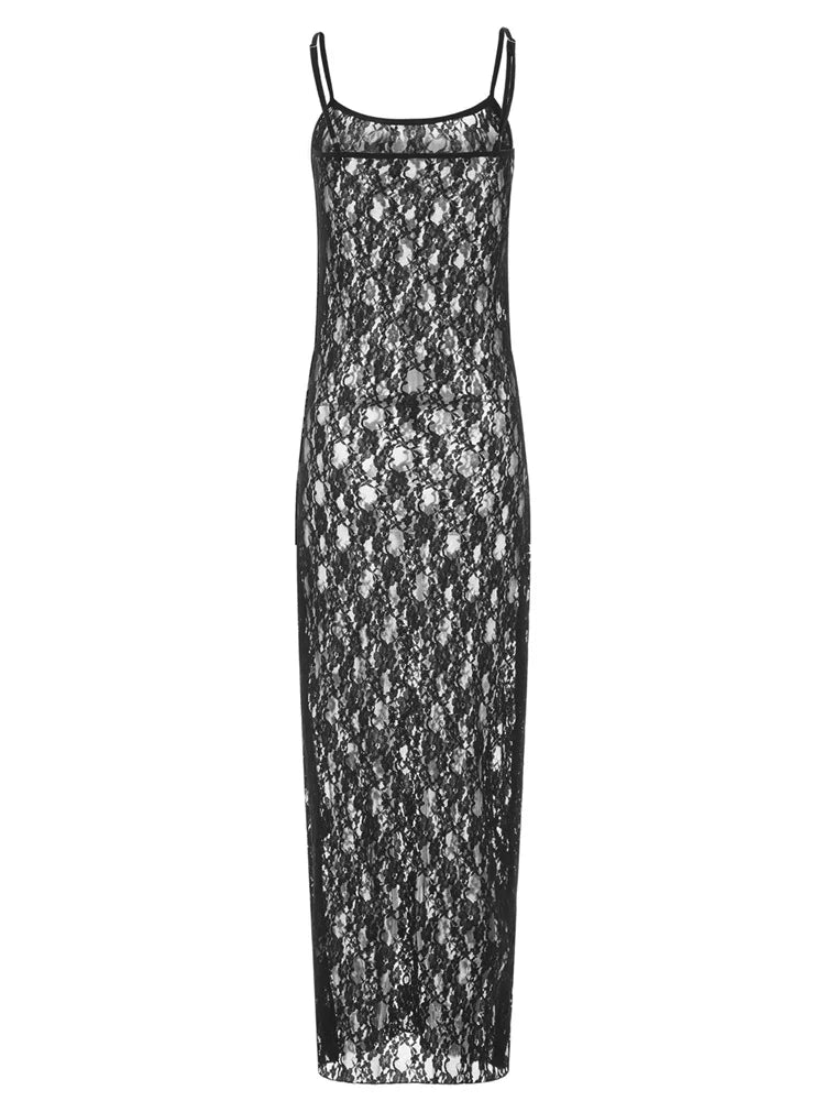 Lace Floral Mesh See Through Summer Beach Cover Ups Women Sleeveless Strap Solid Slim Vestidos