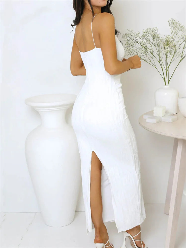 Sexy Women Ruched Sleeveless Slim Solid Summer Party Back Split Clubwear Female Vestido Outfits