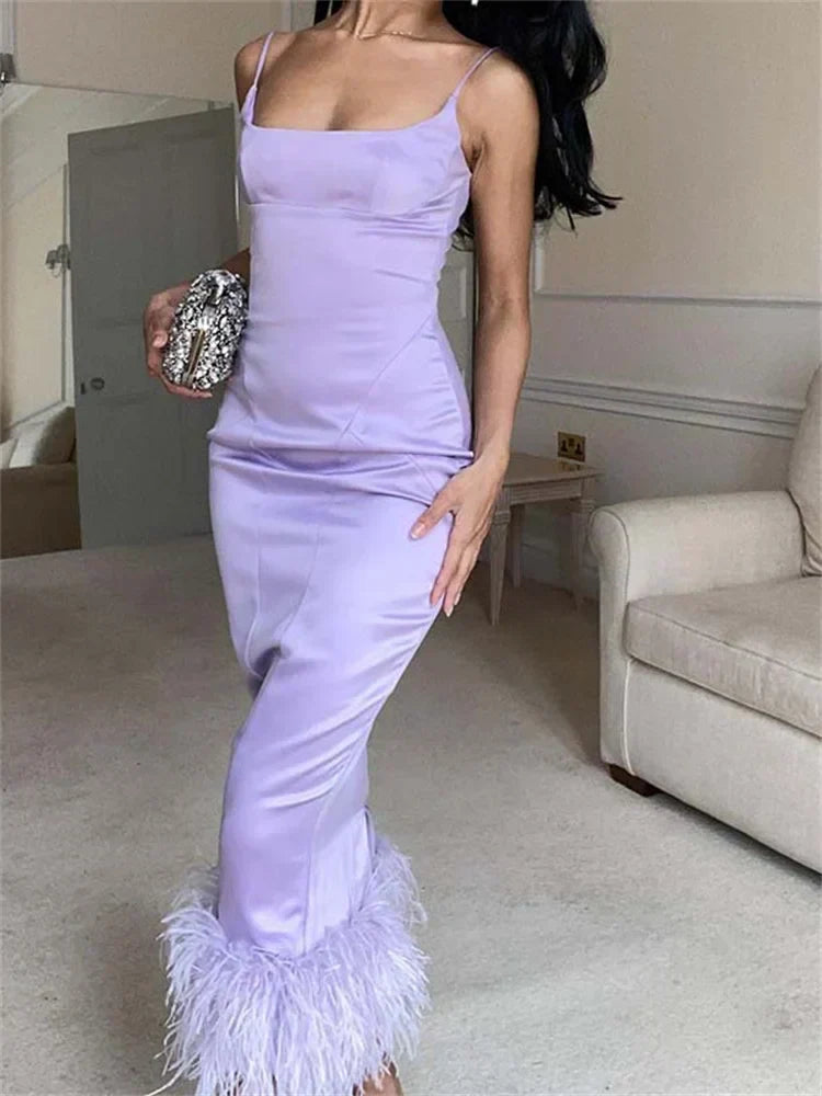 Elegant Sleeveless Strap Summer Party Clubwear Sexy Women Aquare Neck Feather Patchwork Slim Vestido