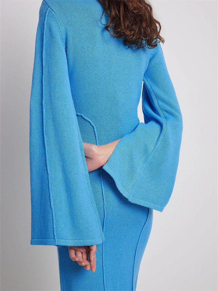 Elegant Women Knitted Patchwork Vintage Flare Sleeve Round Neck Slim Fit Solid Party Vestidos