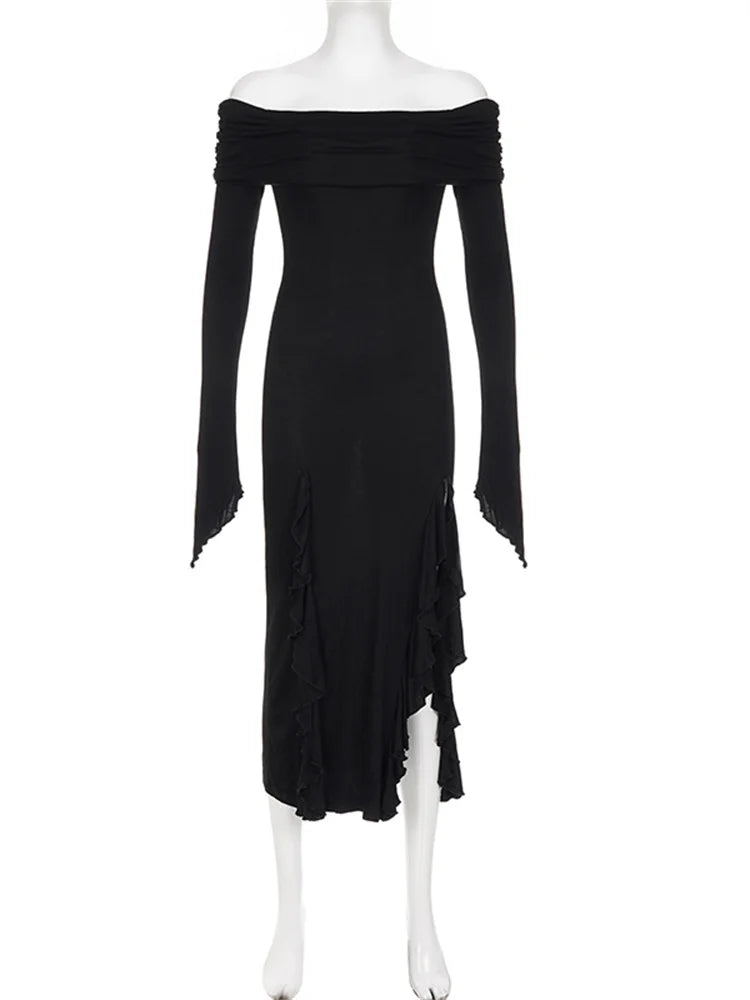Elegant Women Slash Neck Off Shoulder Flare Sleeve Party Irregular Hem Ruffles Female Vestidos