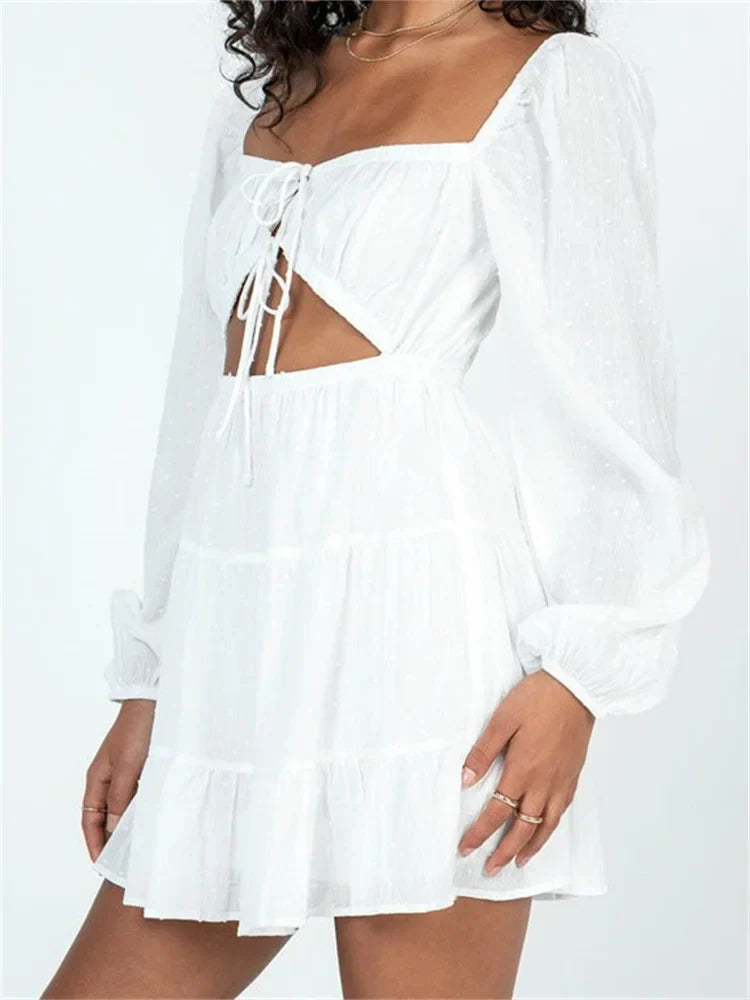Spring Autumn LaceUp Long Sleeve Mini Dresses
