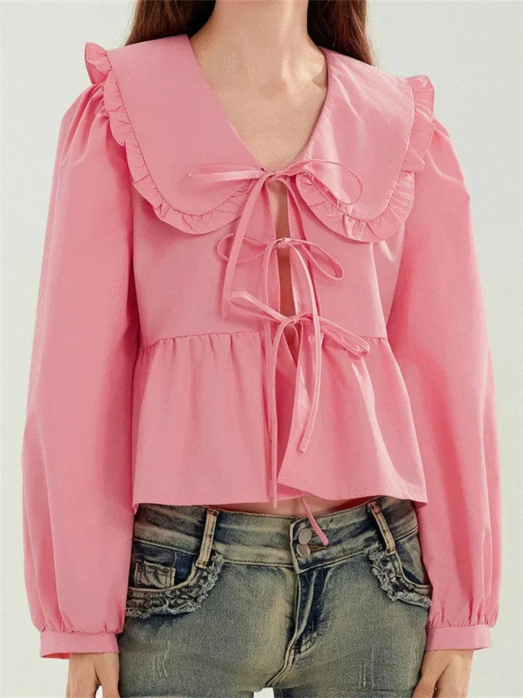 Ruffled Turn-Down Neck Tie-Up Blouse pink / S blouse-250223