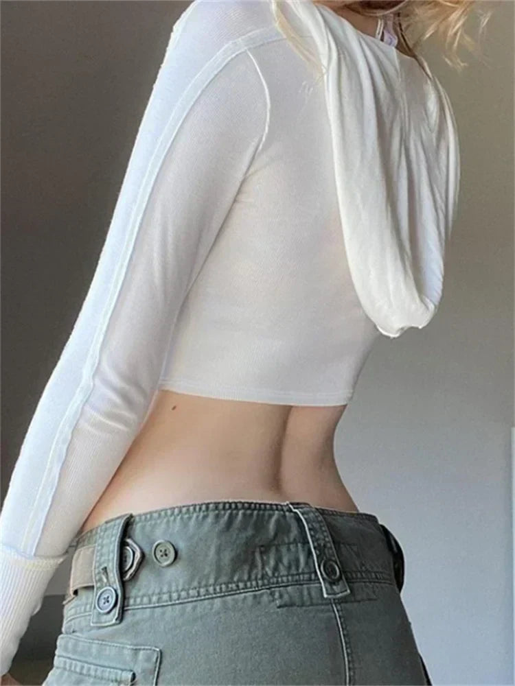 Hooded Ribbed Long Sleeve Deep V Neck Solid Color Slim Fit T-shirts