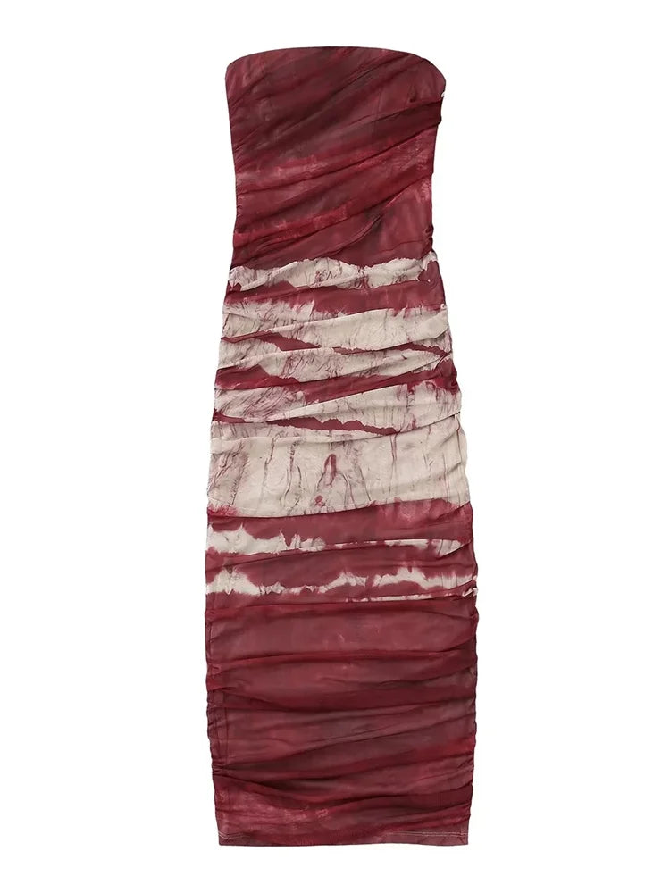 Irregular Tie Dyeing Print Tube for Women Summer Beach Party Clubwear Strapless Off Shoulder Ruched Dress
