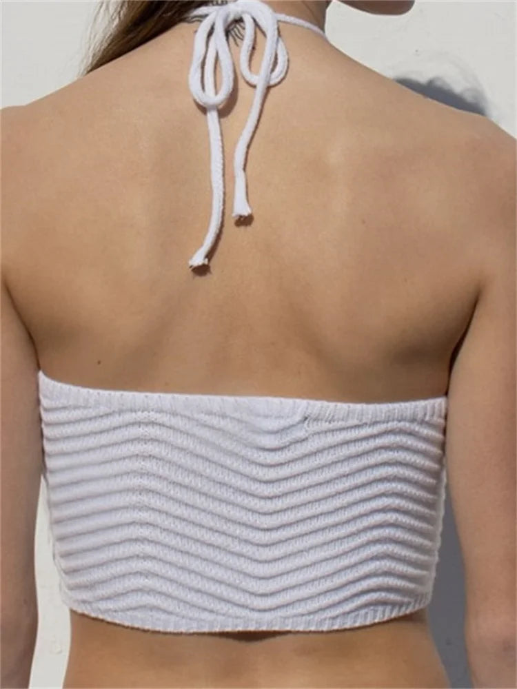 Knitted Ribbed Mini Vest Top for Women Summer Streetwear Sleeveless Halter Laceup Backless Off Shoulder Cropped Crop Top