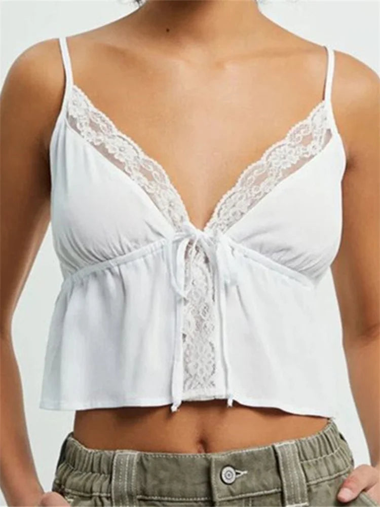 Lace Floral Patchwork Sleeveless Strap Y2K Retro Women Vneck Front Tieup Vneck Mini Vest Clubwear Crop Top