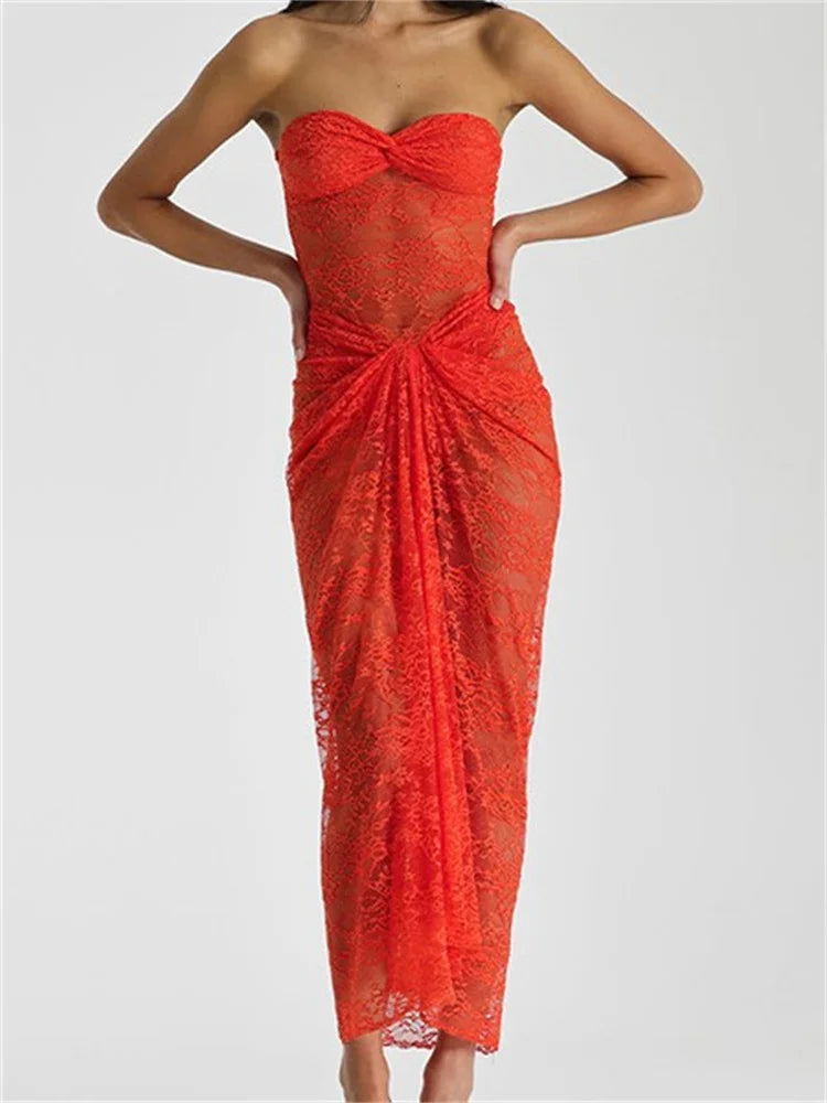 Lace Floral See Through Tube Summer Party Clubwear For Women Strapless Off Shoulder Ruched Push Up