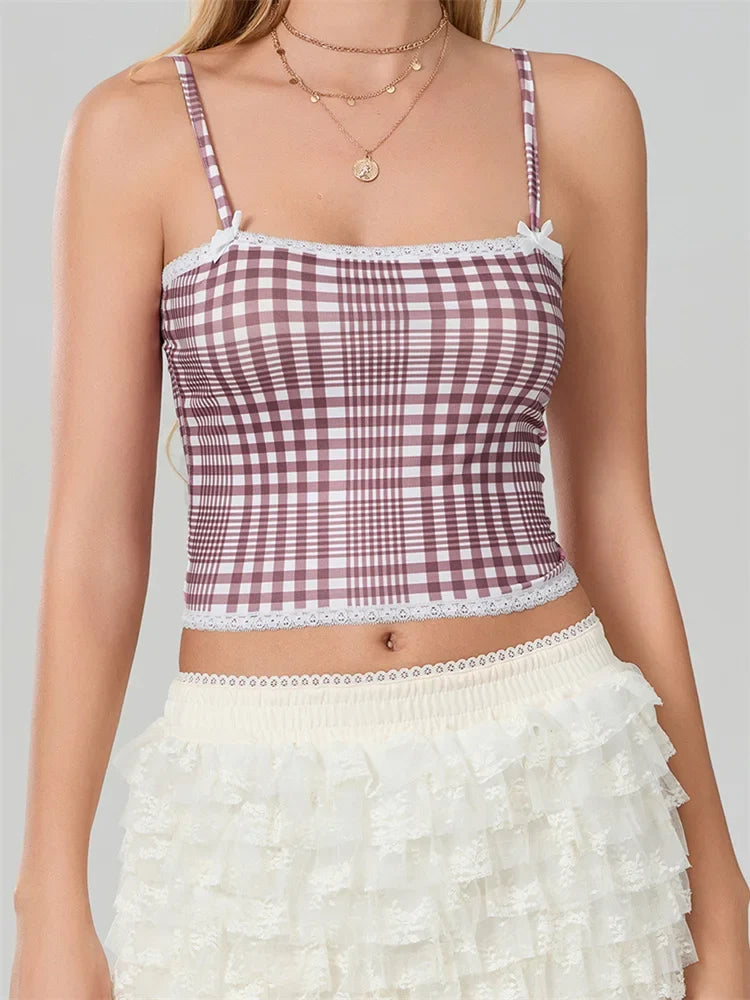 Plaid Bow Lace Trim Square Neck Crop Top RED / S croptop-250126