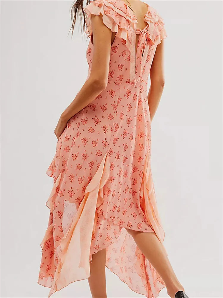 Retro Women Summer Casual Floral Print Ruffles Sleeveless V-Neck Fashion Holiday Beach Vestidos