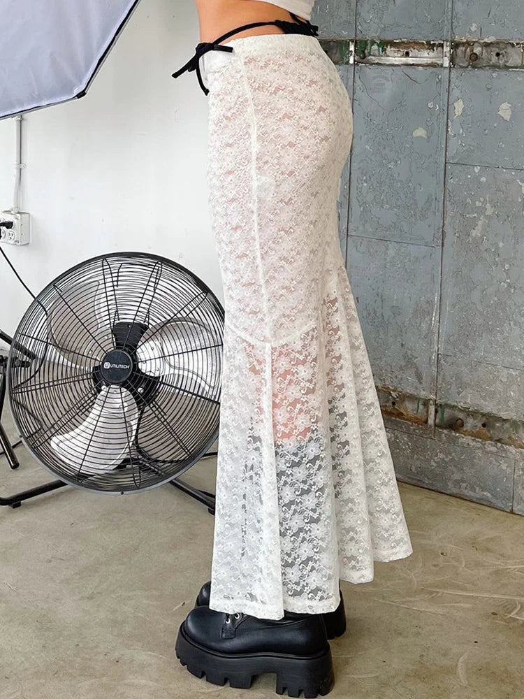 Y2K Grunge Lace Mesh See Through Bow Tie Long Skirt