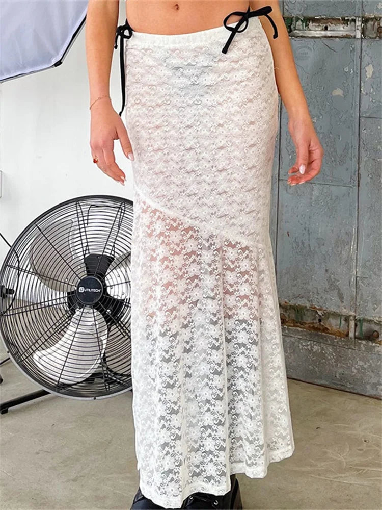 Y2K Grunge Lace Mesh See Through Bow Tie Long Skirt