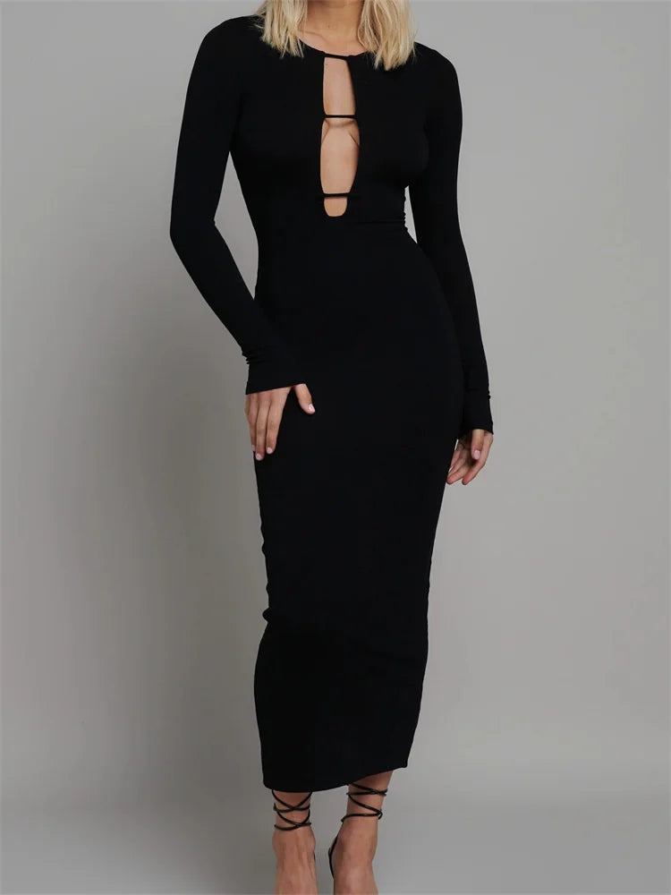 Round Neck Hollow Out Party Clubwear For Women Backless Sleeve Solid Color Slim Fit Vestidos Black