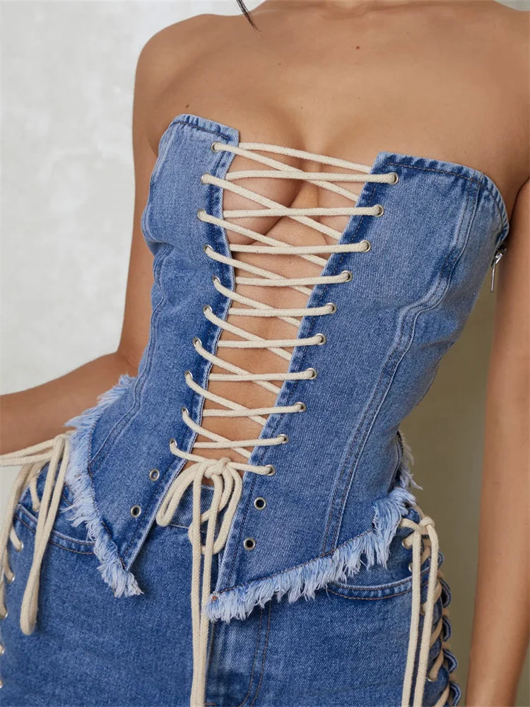 Sexy Bustiers Corsets Summer Party Clubwear Women Strapless Off Shoulder Crisscross Tieup Irregular Hem Vests Crop Top