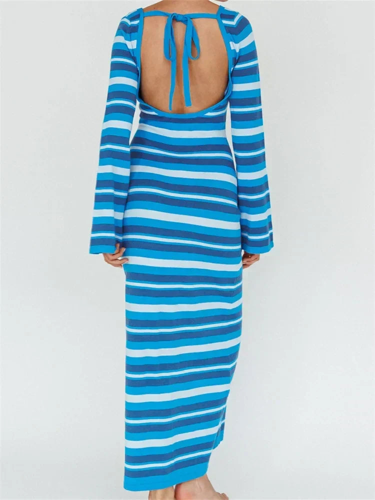 Sexy Women Knitted Sleeve Crew Neck Backless Tie-up Striped Print Slim Fit Spring Fall Vestidos