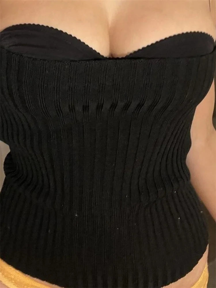 Sexy Women Knitted Ribbed Top Sleeveless Spaghetti Strap Solid Color Slim Fit Vneck Push Up Vest Clubwear Crop Top