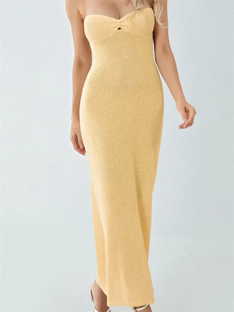 Sexy Women Knitted Tube Strapless Off Shoulder Solid Summer Tie-Up Backless Beach Female Vestidos