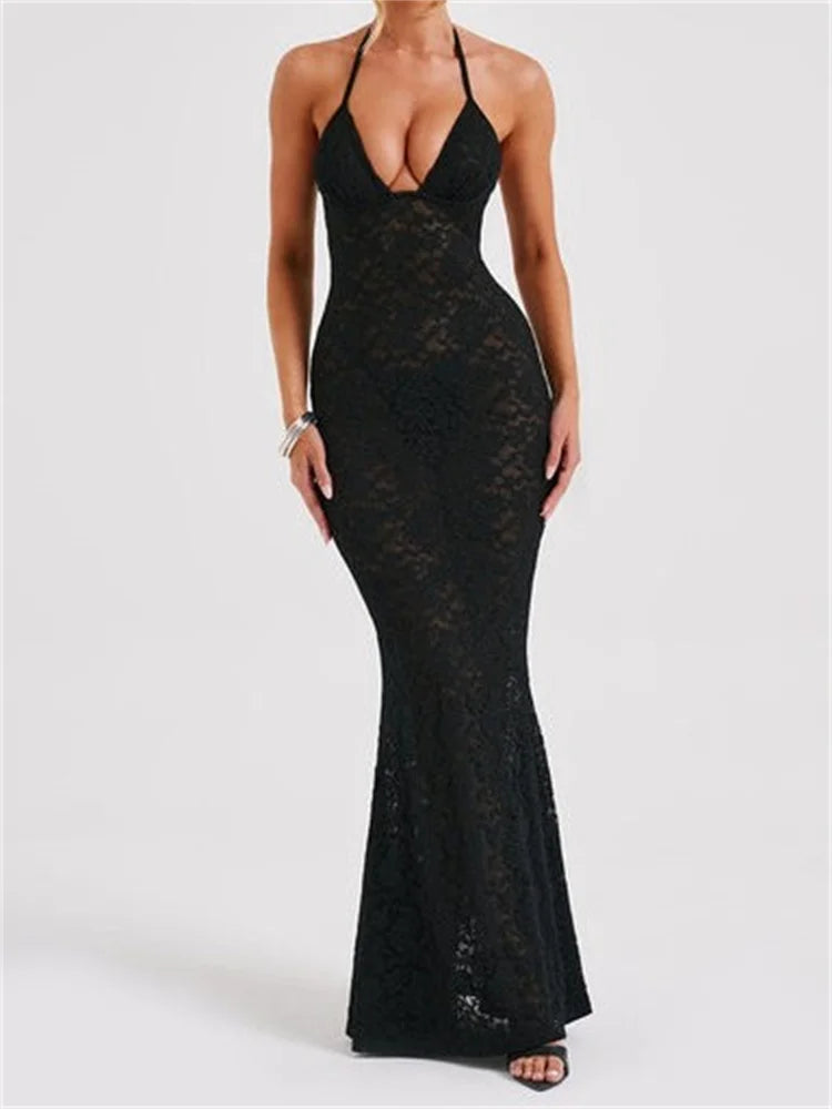 Sexy Women Lace Sexy Mesh See Through Summer Off Shoulder V-neck Halter Black Beach Female Vestidos