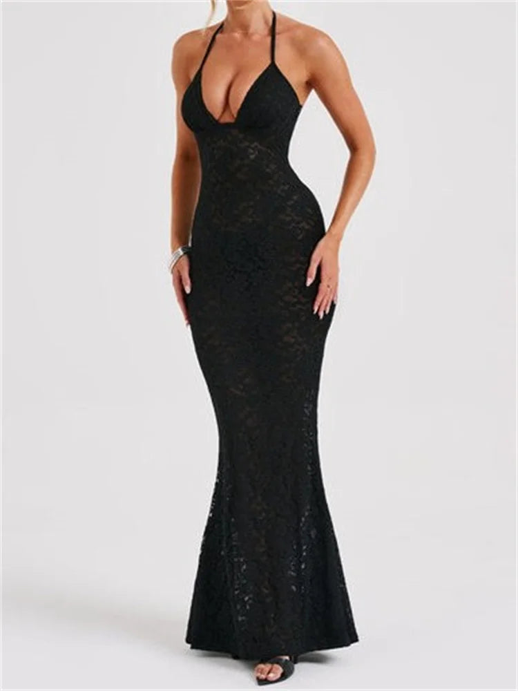 Sexy Women Lace Sexy Mesh See Through Summer Off Shoulder V-neck Halter Black Beach Female Vestidos