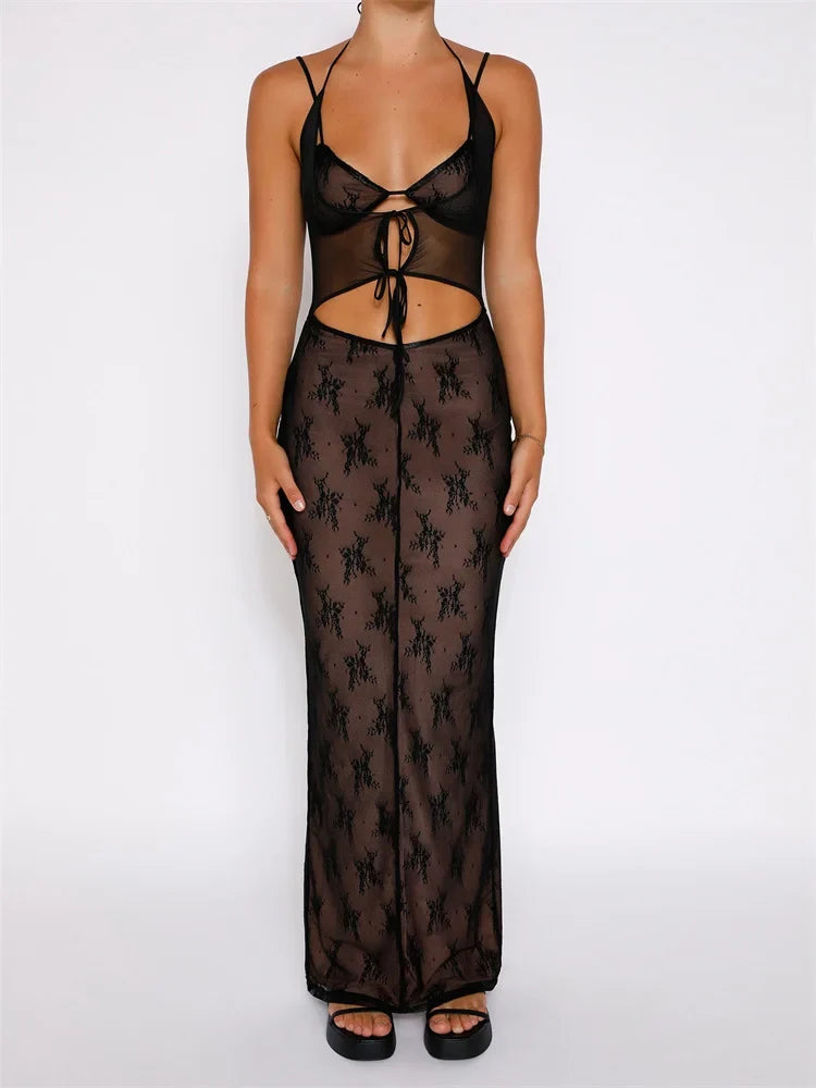 Sexy Women Lace Sleeveless Strap Sling Party Club Mesh See Through Hollow Out Slim Fit Vestidos