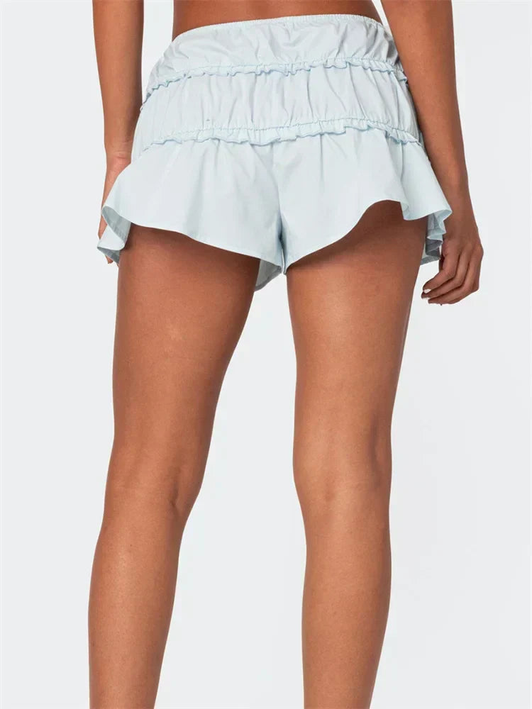 Ruffled Solid Elastic Waist Short