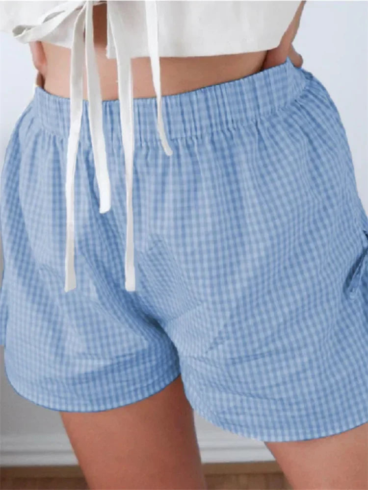 Plaid Split Lace-Up HolLow Short blue / S short-250223