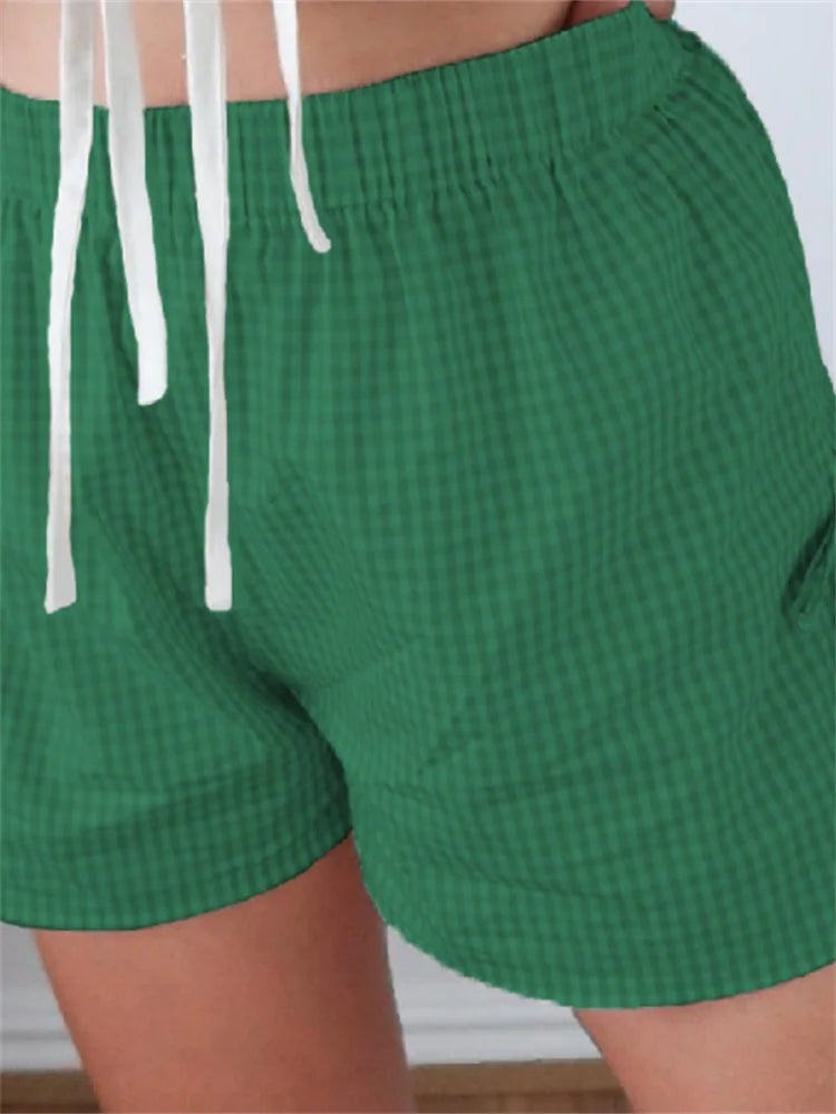 Plaid Split Lace-Up HolLow Short green / S short-250223