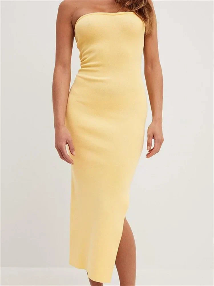 Sexy Women Tube Solid Strapless Off Shoulder Backless Summer Side Split Party Knitted Vestidos