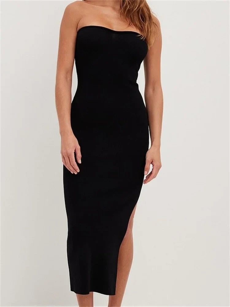 Sexy Women Tube Solid Strapless Off Shoulder Backless Summer Side Split Party Knitted Vestidos