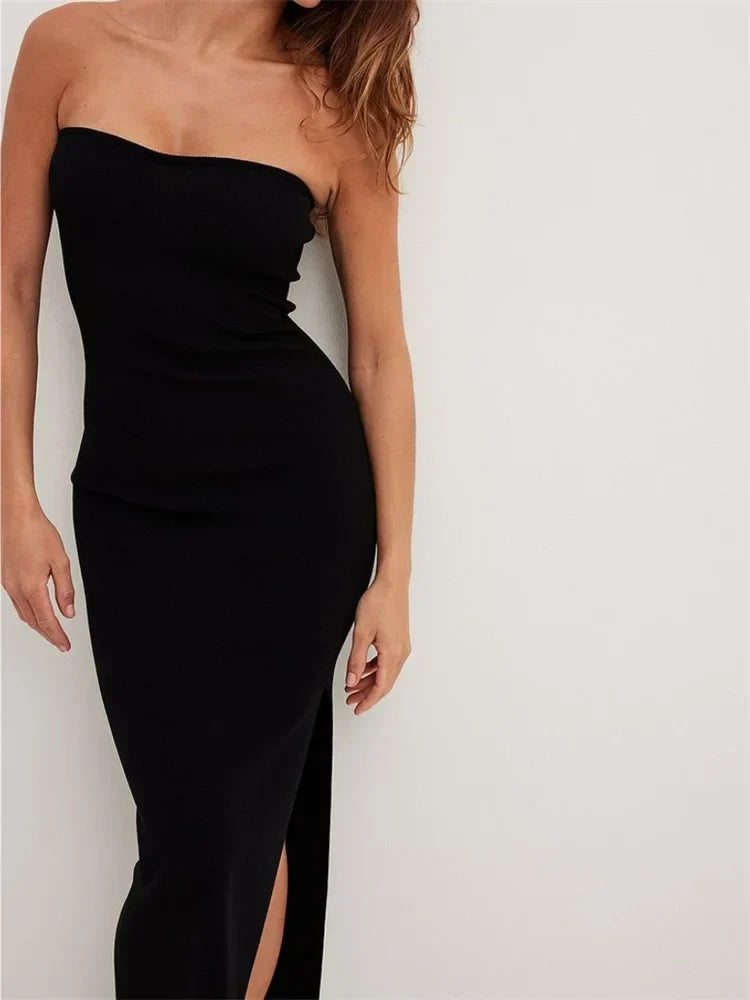 Sexy Women Tube Solid Strapless Off Shoulder Backless Summer Side Split Party Knitted Vestidos