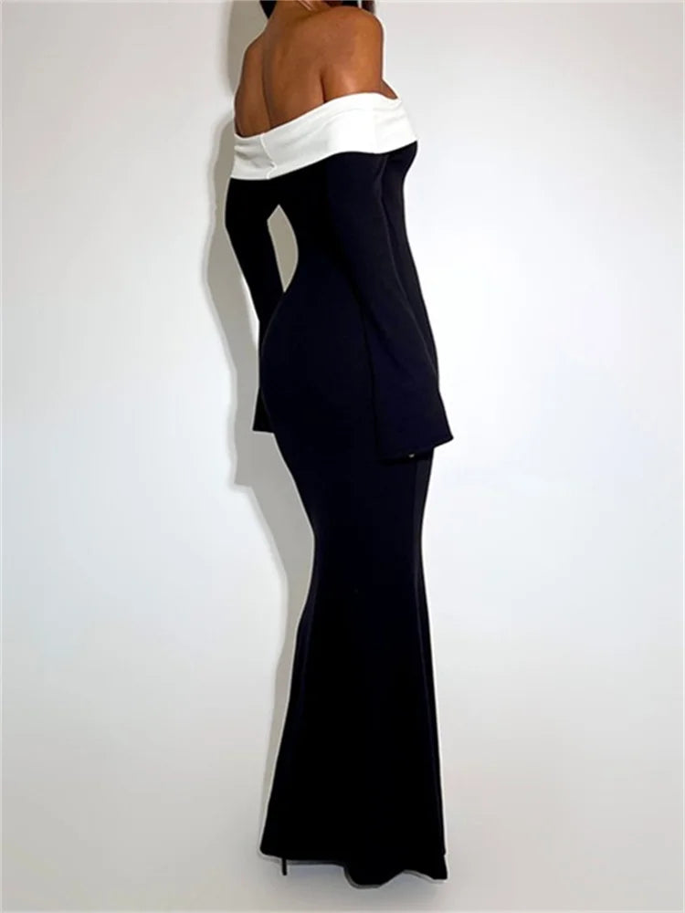 Sexy Women Slash Neck Off Shoulder Sleeve Contrast Color Slim Fit Party Formal Female Vestidos