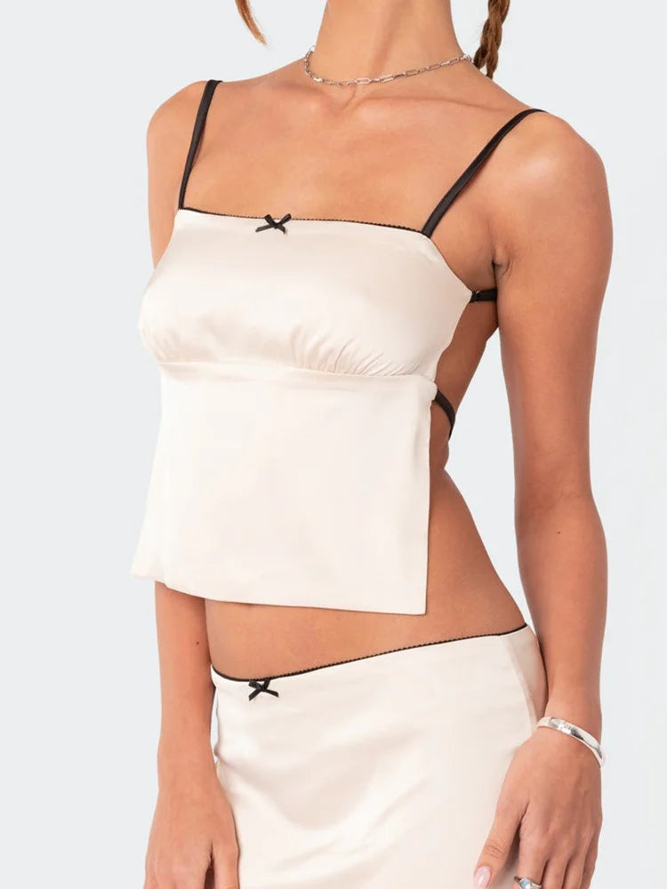 Sleeveless Strap Backless Tieup Y2K Bow Patchwork Square Neck Night Party Vest Streetwear Crop Top