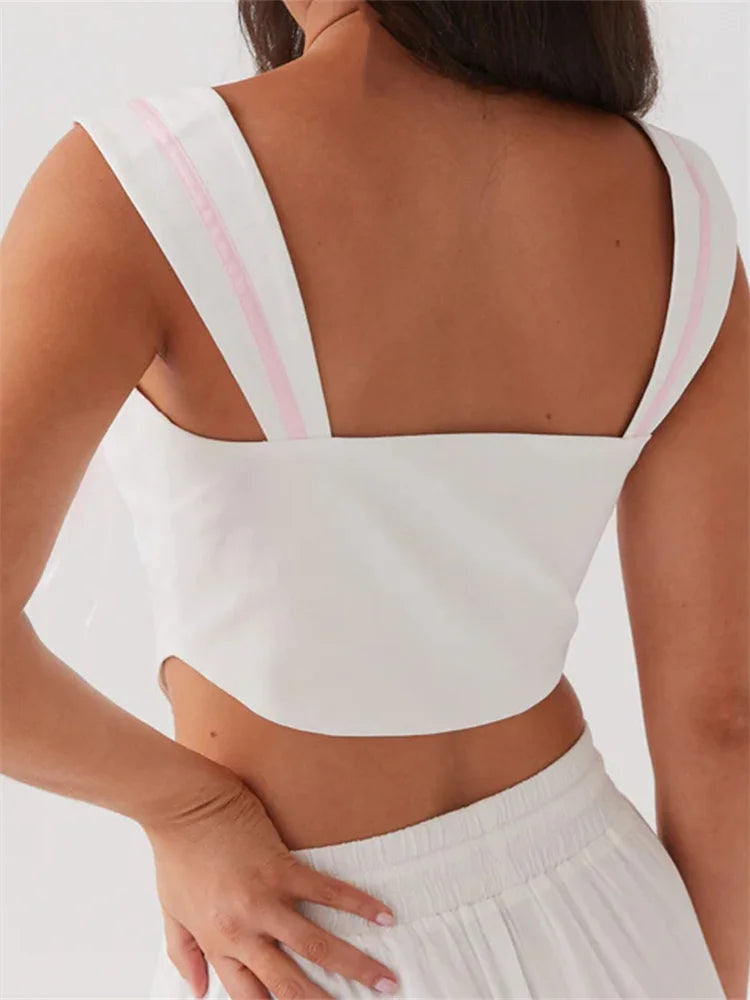 Sexy Summer Fashion White Sleeveless Tieup Strap Front Zip Up Bow Square Neck Mini Vest Streetwear Crop Top