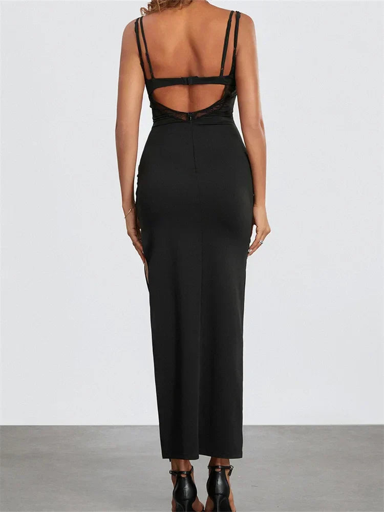 Sexy Women Summer Slim Sleeveless Lace Patchwork Low Cut Cutout Side High Split Summer Party Vestido